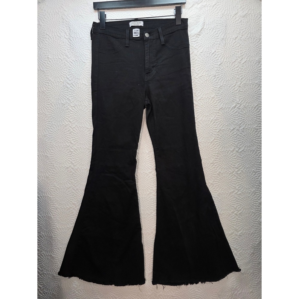 Judy Blue Flare Jeans Women 7/28 Black Good Raw Hem High Rise Bell Bottom 8396